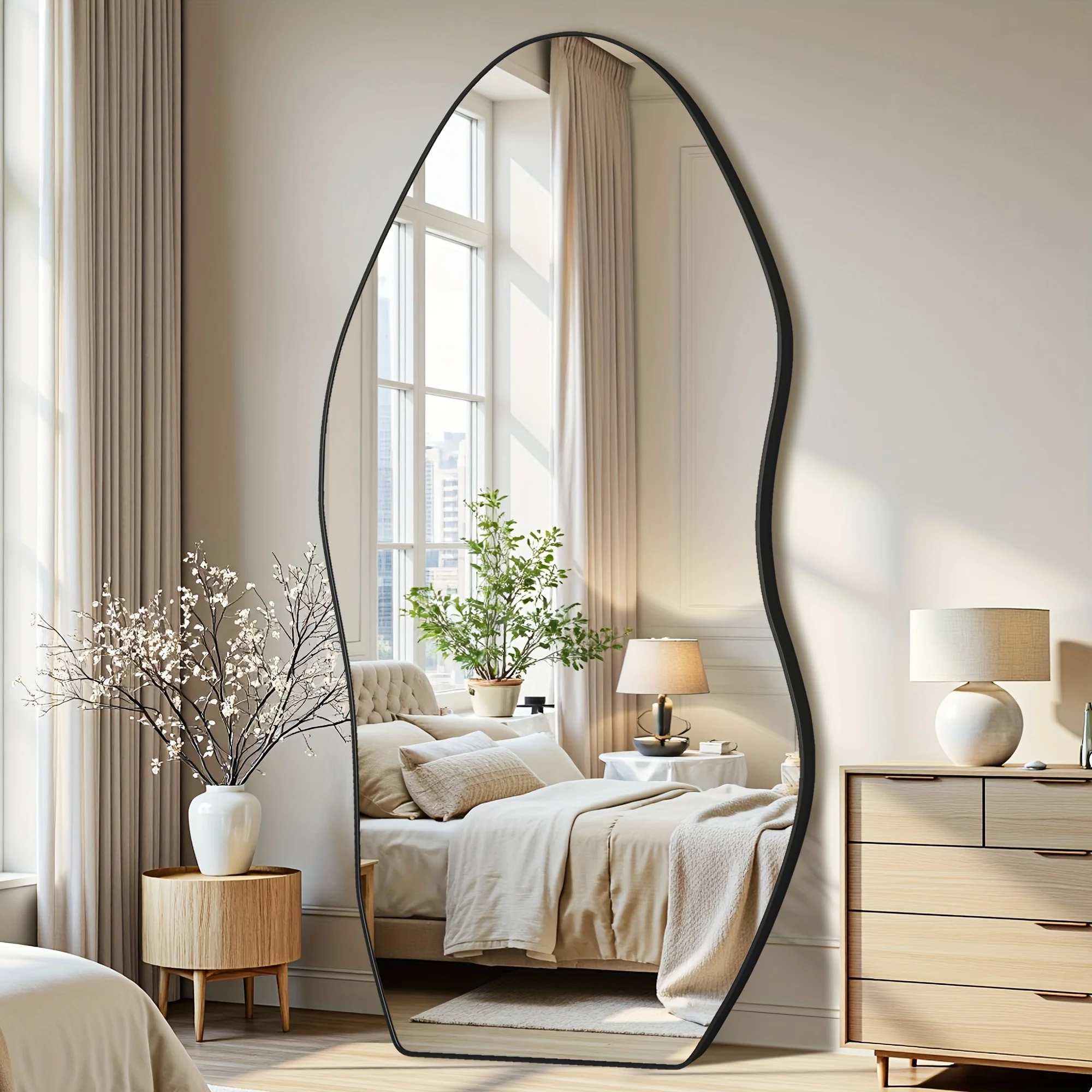 Full-Length Floor Mirror with Wavy Silhouette – 76×36 in or 81×41 in Adjustable Height Stand, Brushed Metallic Frame & Clear Tempered Glass Surface for Bedroom, Living Room or Entryway Decor view 7