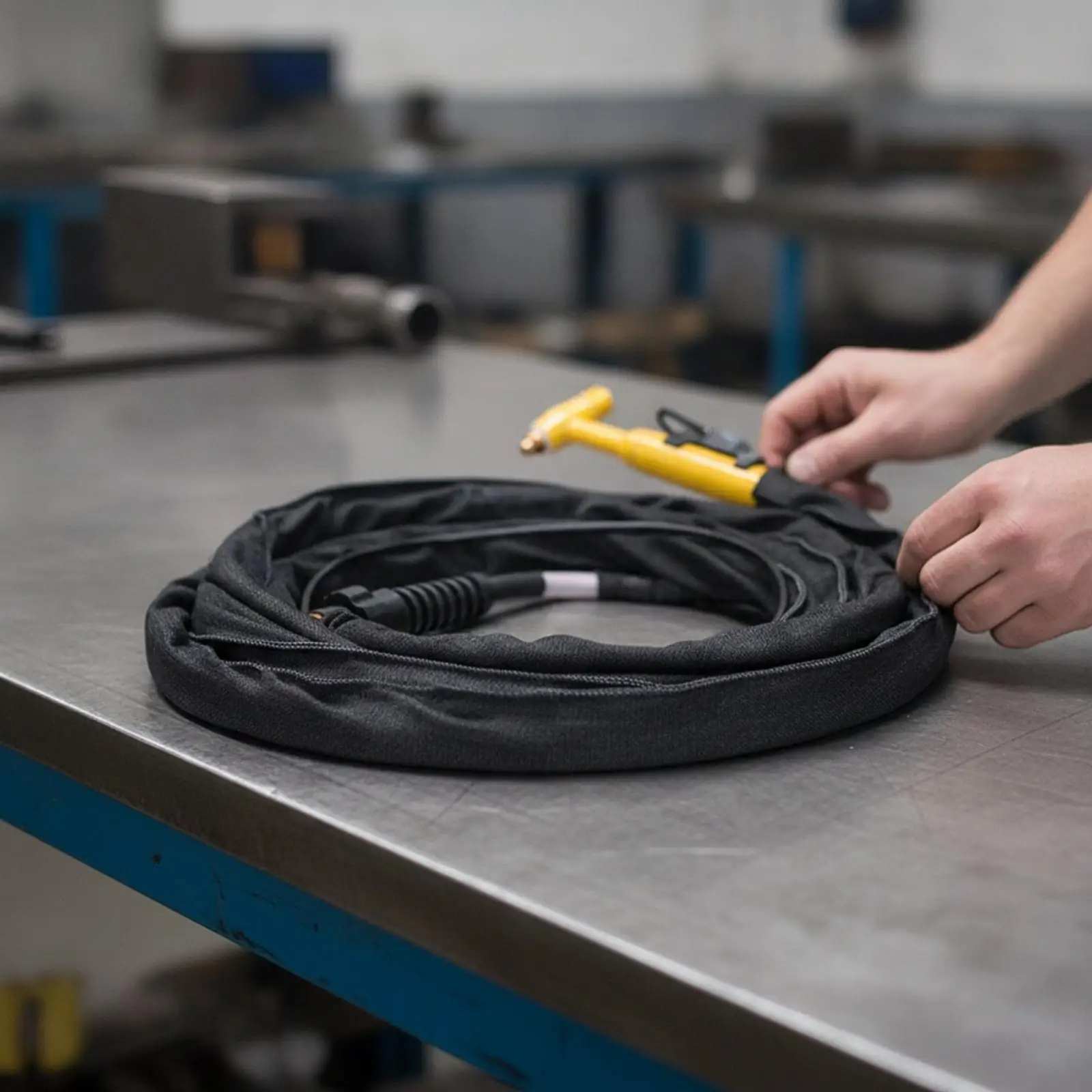 QQ150A Gas Cooled Welding Torch Handheld TIG Argon Curved Tool with Durable Cloth Sleeve for Workshop Fabrication Tasks