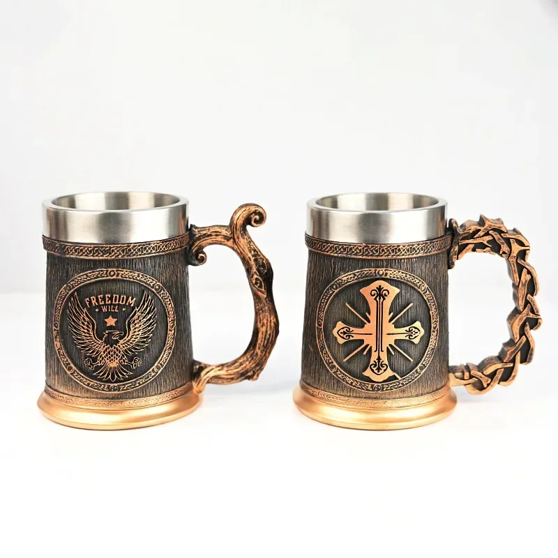 

500ml Beer Mugs Stainless Steel Water Mug Coffee Cup Mythology Tankard Resin Eagle Glass Cross New Retro Drinking Vintage Wine