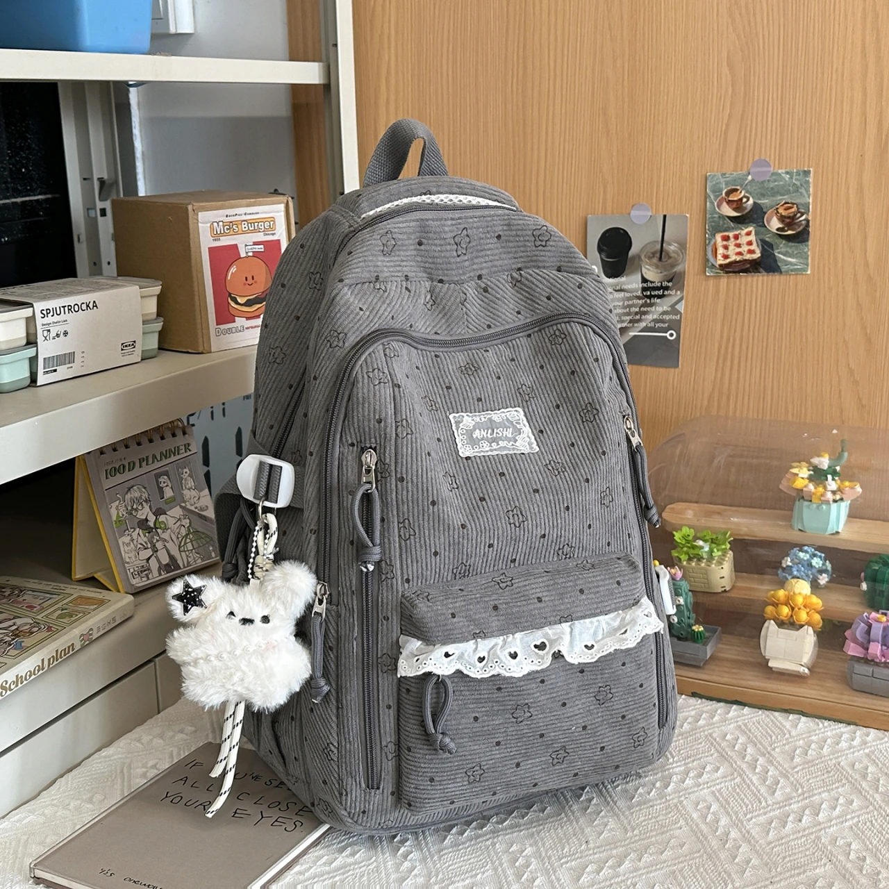 

Kawaii Corduroy Backpack for Teen Girls Cute Lace Trim School Bag Aesthetic Polka Dot Student Backpack with Plush Pendant