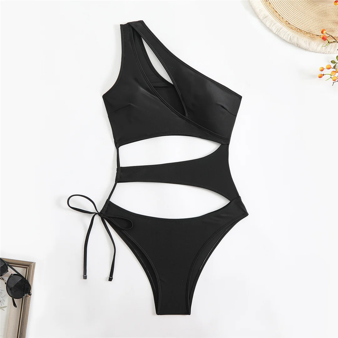 Asymmetrischer Badeanzug mit Cut-Outs und einem Schulterträger, einteiliger Badeanzug für Damen, Monokini mit hohem Beinausschnitt, Badebekleidung, Badeanzug, Modell V6254. – Detail 22