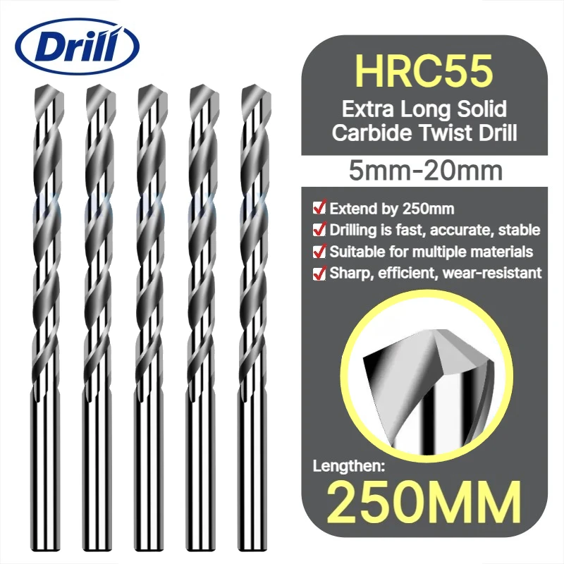 250mm Long Carbide Drill Bit Straight Shank for Copper/Aluminum, Extra Long Tungsten Steel Deep Hole Drilling Tool