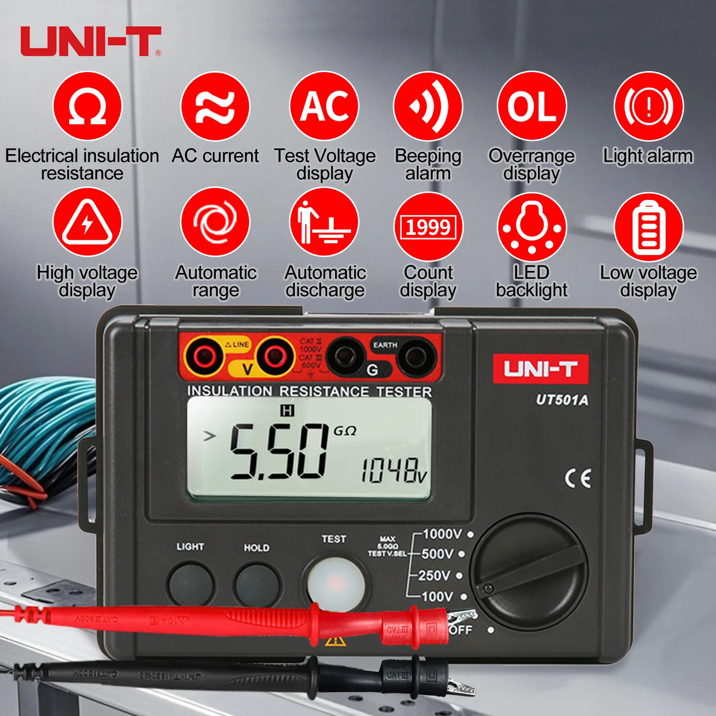 UNI-t Insulation Resistance Tester 100-1000V Digital Megohmmeter with Backlight AC Voltage Test for Electrical Maintenace