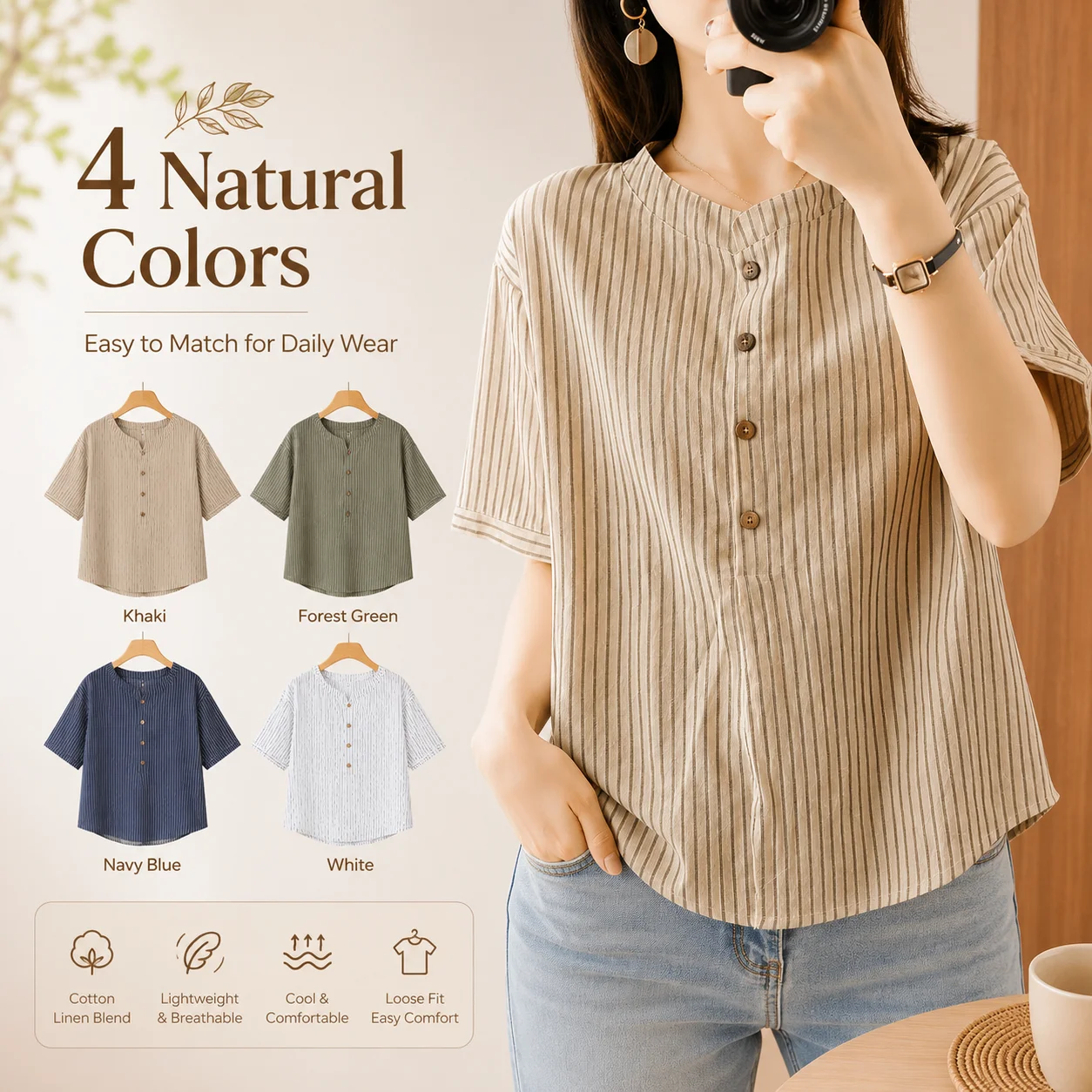 Women Cotton Linen Striped Blouse Short Sleeve Button Loose Shirt Summer Casual Office Top