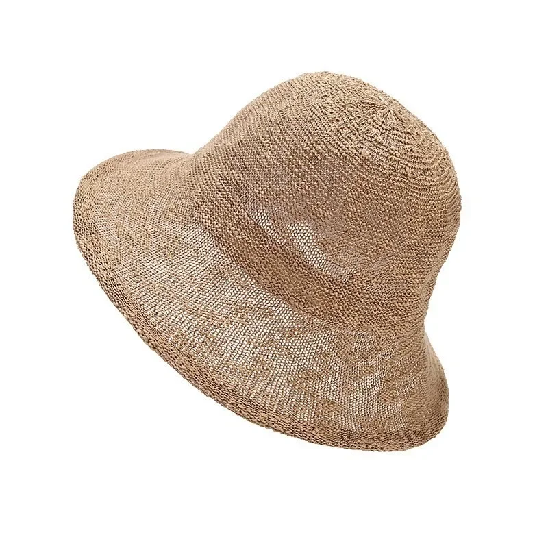 Women Spring Summer Mixed Yarn Bucket Hat, Korean Thin Cotton Knit Ruffle Edge Foldable Breathable Outdoor Sun Fisherman Cap