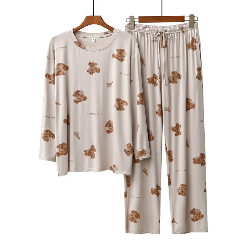 Spring Autumn Women\'s Kawaii Cartoon Anime Pajamas Ice Cream Bear Print Round Neck Long Sleeve Pants Cute Home Suit Set Gifts