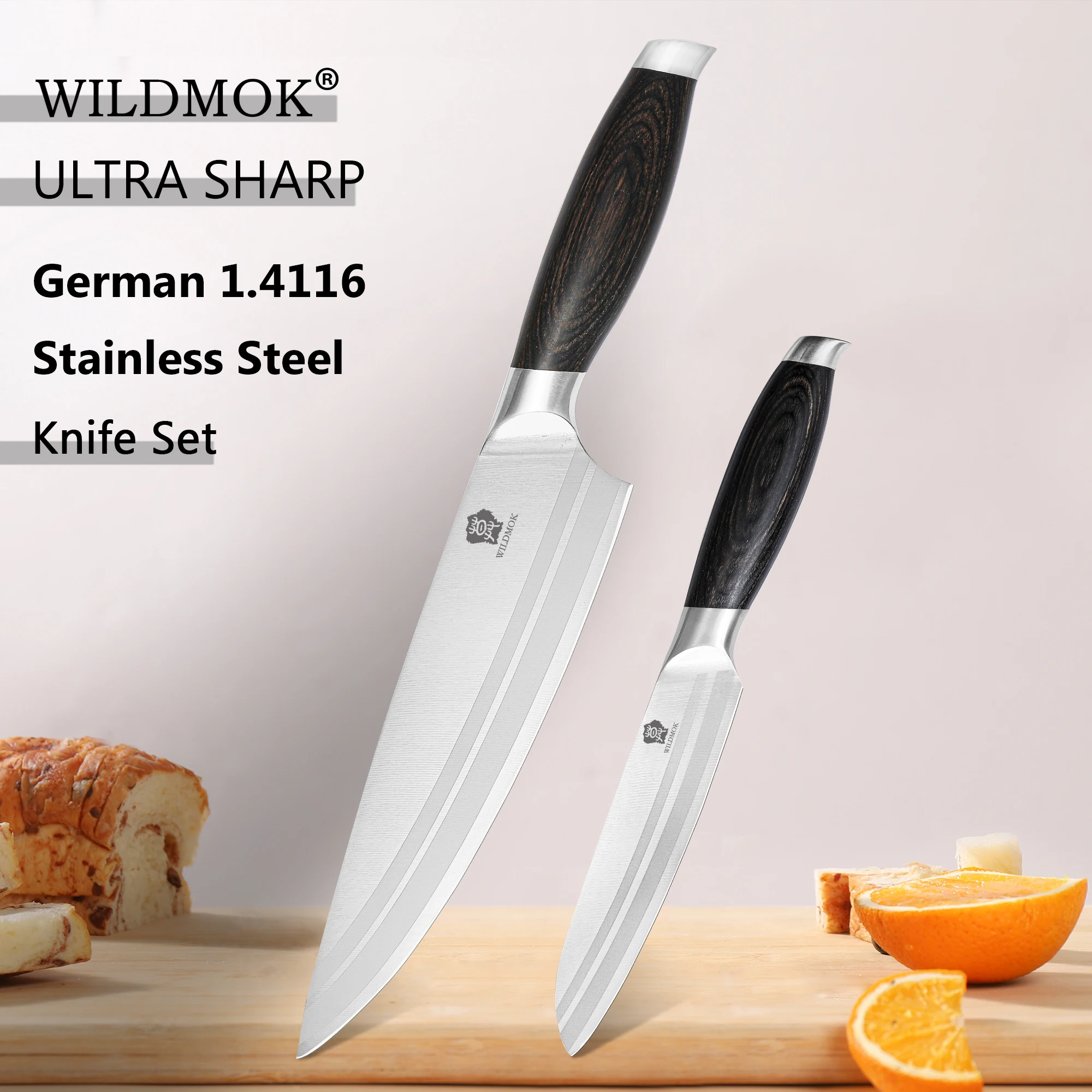 WILDMOK 2 Piece Kitchen Knives Set Stainless Steel Pakkawood Handle 8