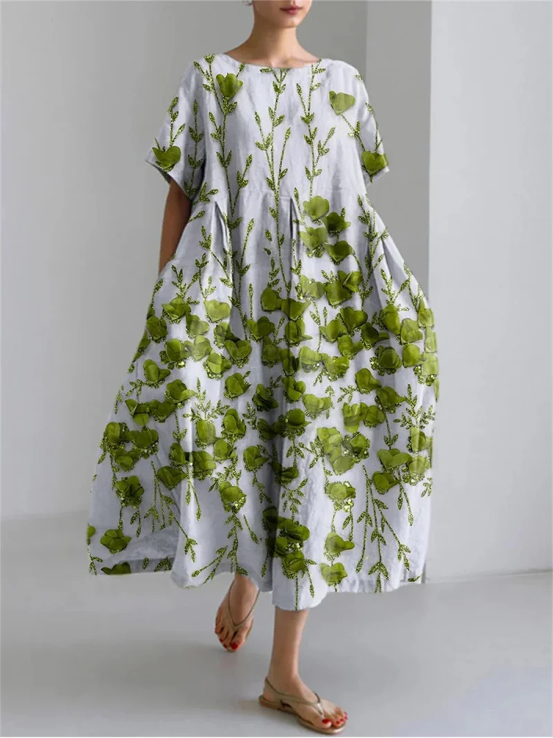 Spring And Summer Cool Short Sleeved Dress For Women, Fashionable Green Printed Long Skirt Loose And Lightweight Dress