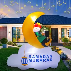 5FT Inflatable Ramadan Decorations Blow Up Ramadan Crescent Moon with LED Lights Muslim Islamic Eid Mubarak Inflatables Toys