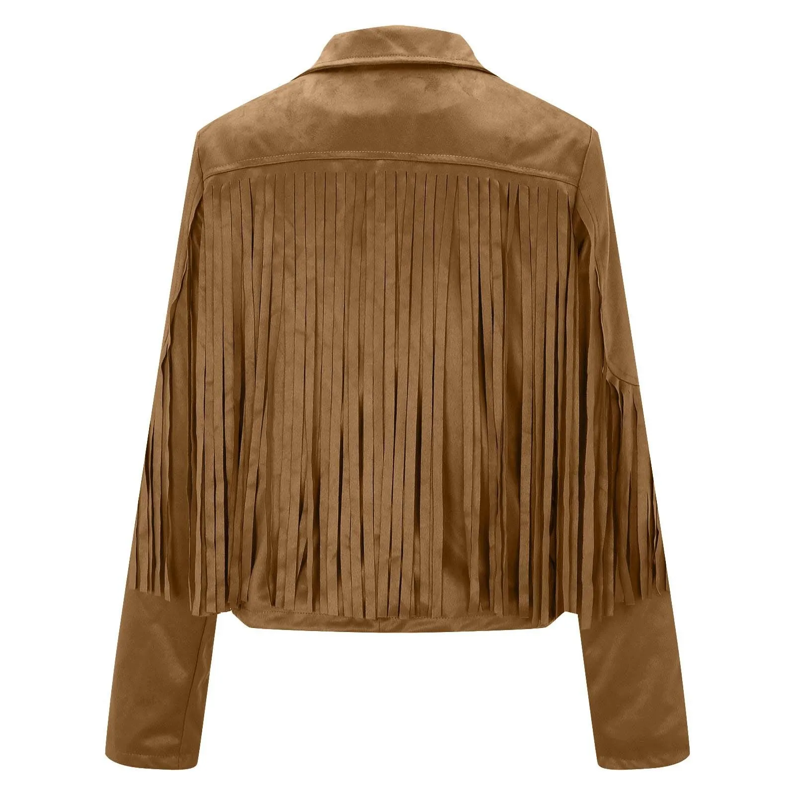 Women Fringed Hem Tassel Cardigan Crop Tops Faux Suede Leather Motorcycle Jacket Hippie Vintage Streetwear Lapel Coat