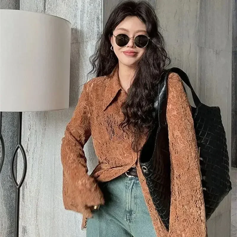 Chemisier en dentelle à manches longues pour femmes, chemise creuse à volants, chemise douce, café, printemps, automne, mode