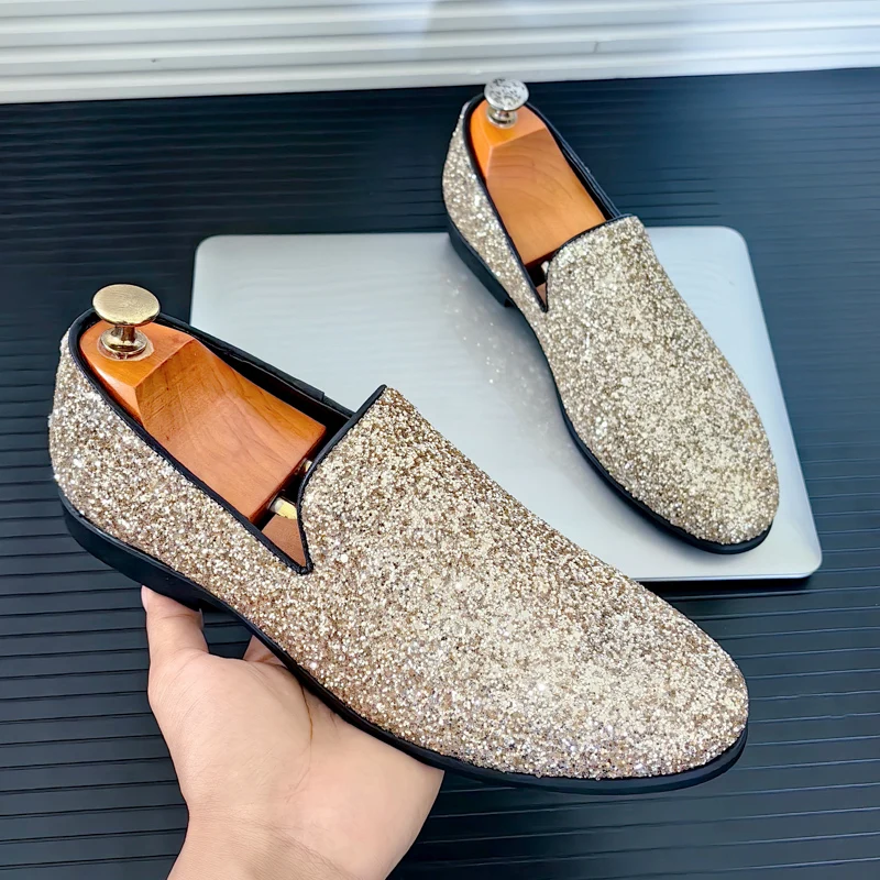 Zapatos de vestir con plataforma para Hombre, mocasines sin cordones de diseñador con lentejuelas, a la moda, para fiesta y boda