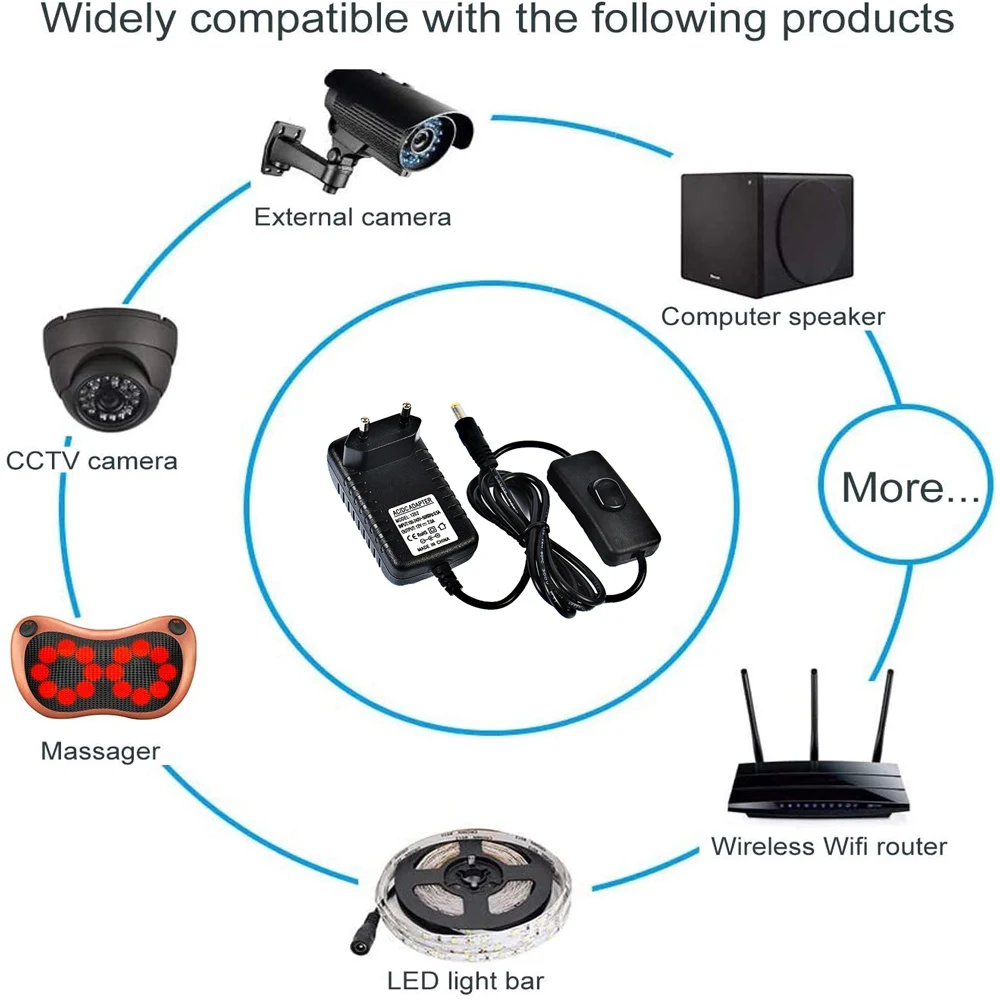 AC/DC 12V 2A Adapter Power Supply With DC On/Off Switch 5.5mm x2.1mm Connector For LED Strip Night Cabinet Light CCTV Camera