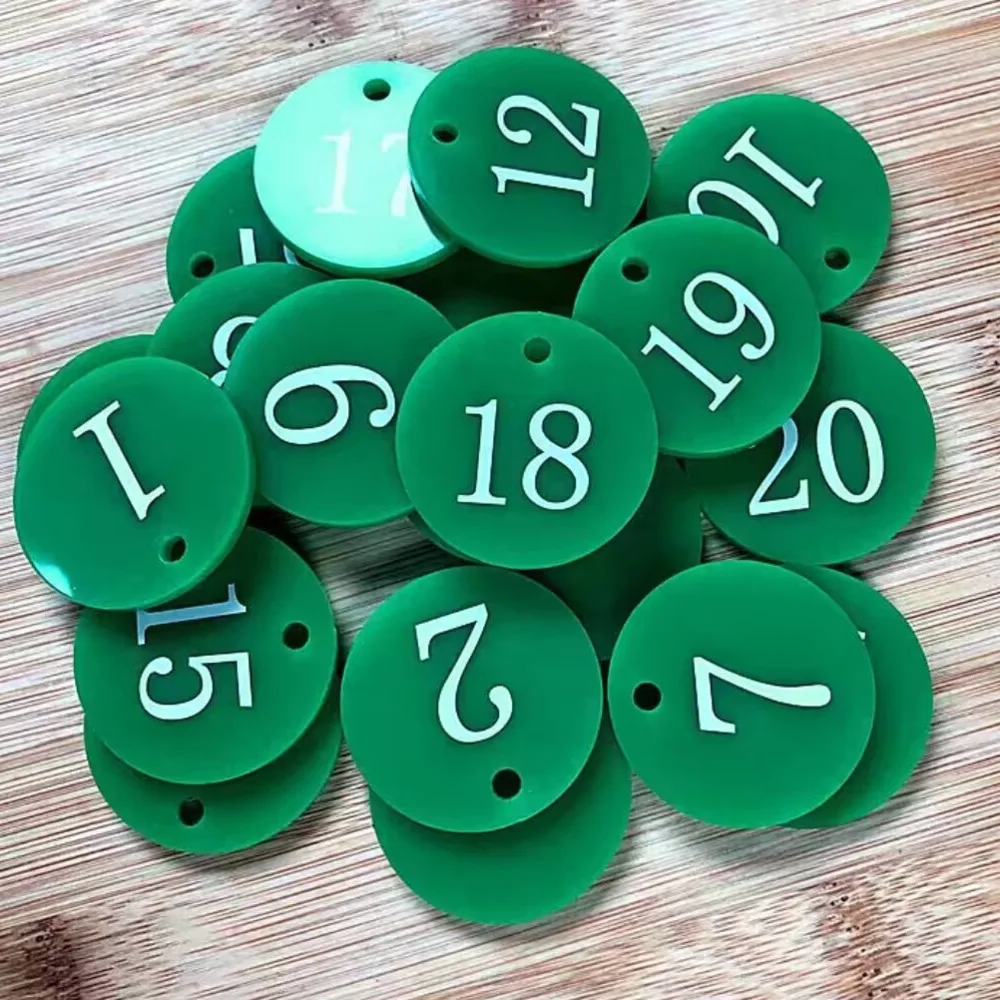 100 قطعة ضياء 35 مللي متر عدد الرقمية بطاقة مستديرة تسمية العلامة مزدوجة الجانب الاكريليك Pla te لافتات مع سلسلة مفاتيح حلقية #5