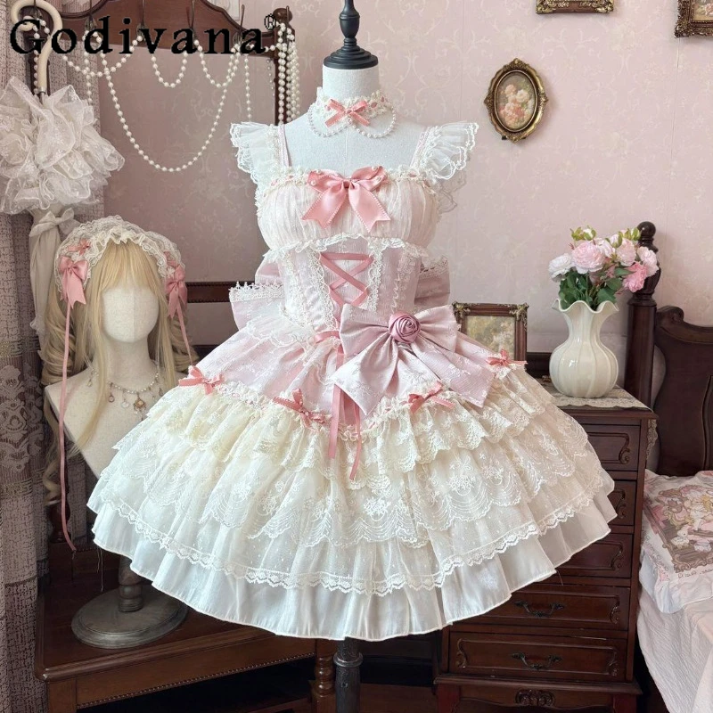 

Ballet Style JSK Strap Dress for Women Japanese Style Original Design Lolita Dress Female Summer Back Big Bow Princess Dress