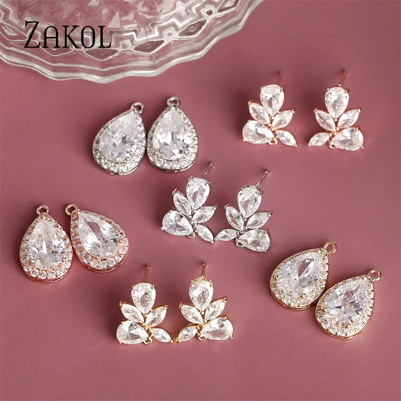 ZAKOL DIY Jewelry Fashion Water Drop Cubic Zirconia Earrings Fittings for Women Crystal Bridal Wedding Accessories EP091A