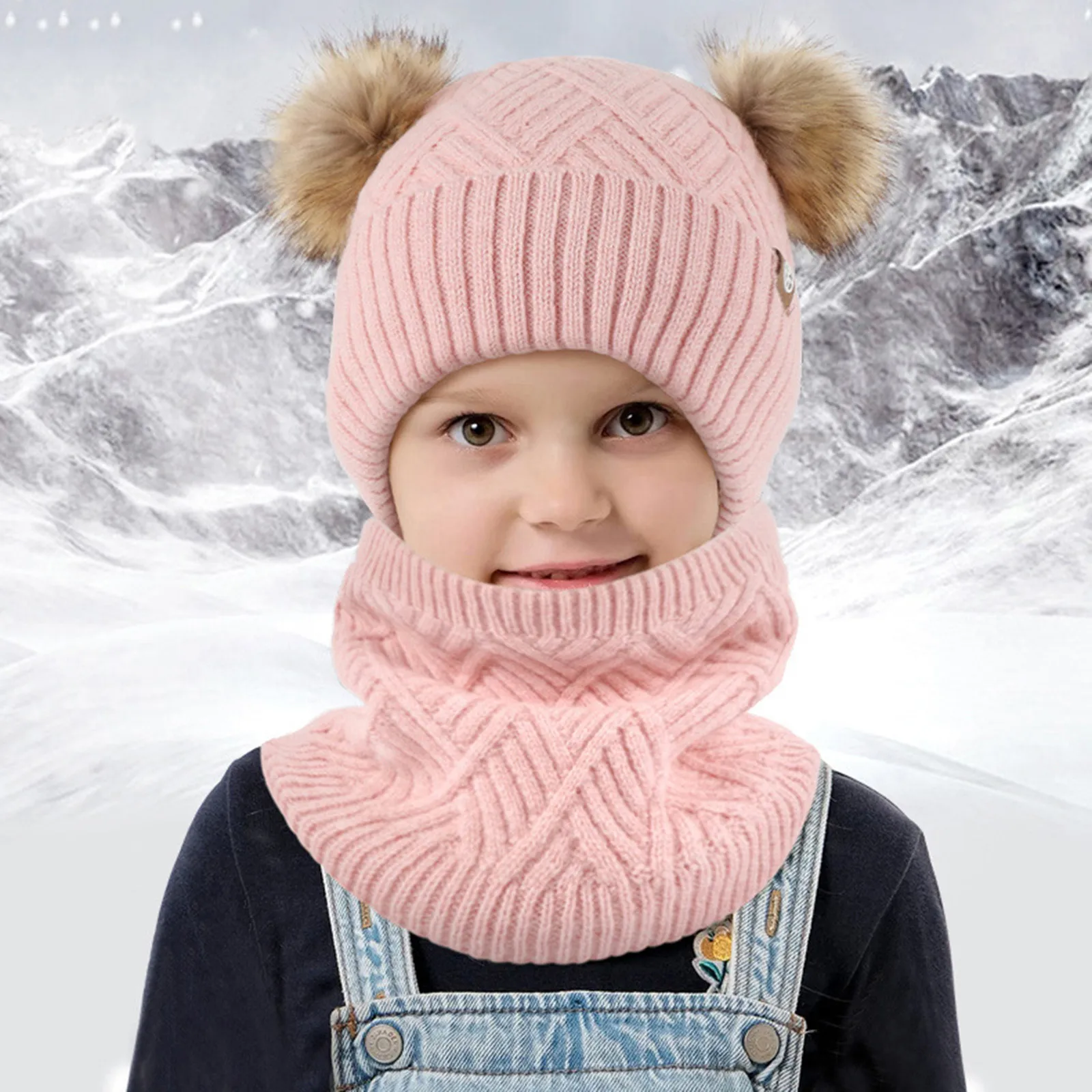 3pcs/set Children Winter Beanies Scarf Gloves Cute Fur Pompoms Fleece Lining Boys Girls Kids Winter Warm Set Junior 5-12 Years