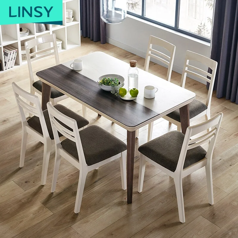 Linsy Modern Minimalist 4 Chairs Solid Wood Foot Dining Table Small Apartment Tempered Glass Home Dining Room Furniture Wooden