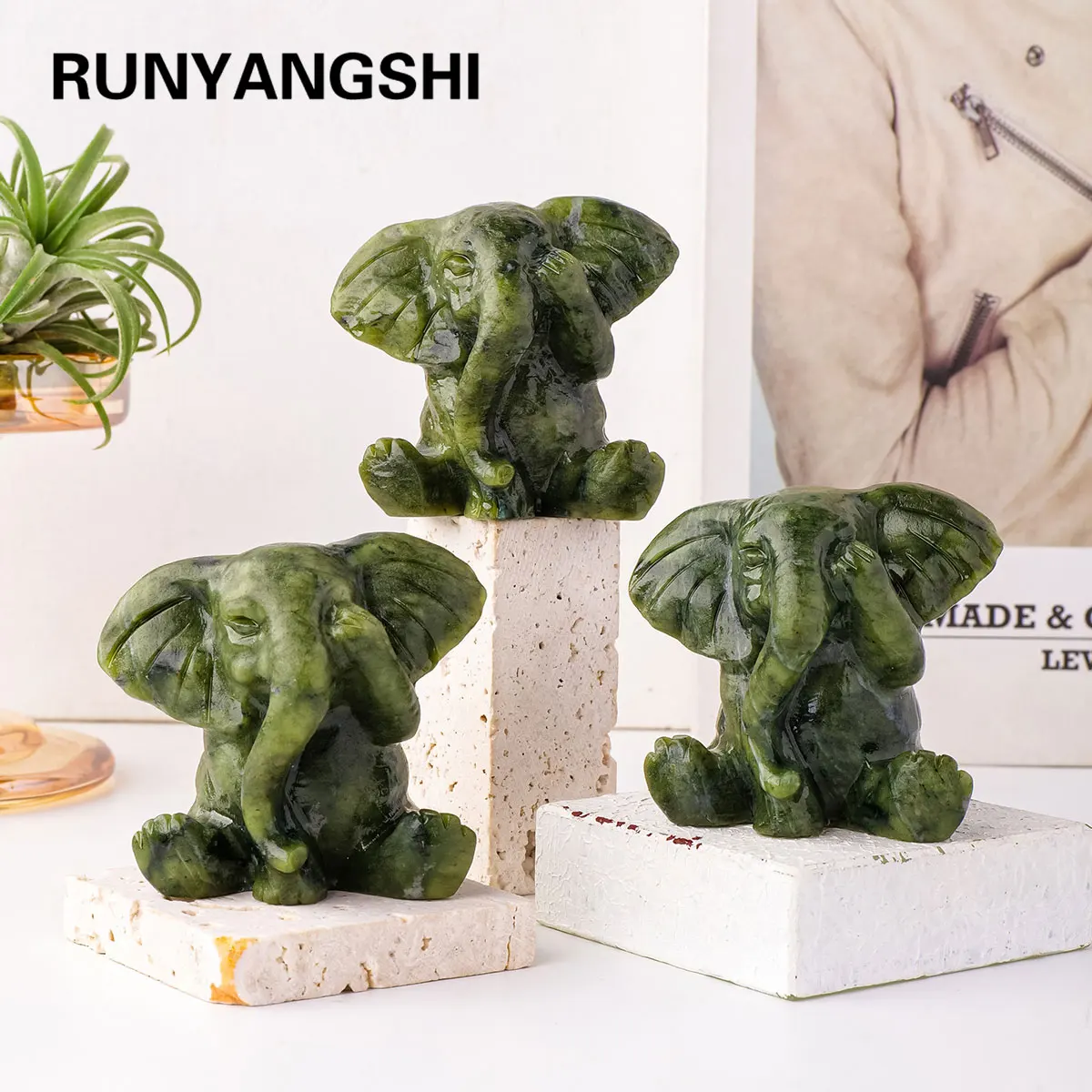 1pc Natural Green Jade Elephant Statue: Hand-Carved with Reiki Energy – Serene Home Decor & Healing Crystal Figurine