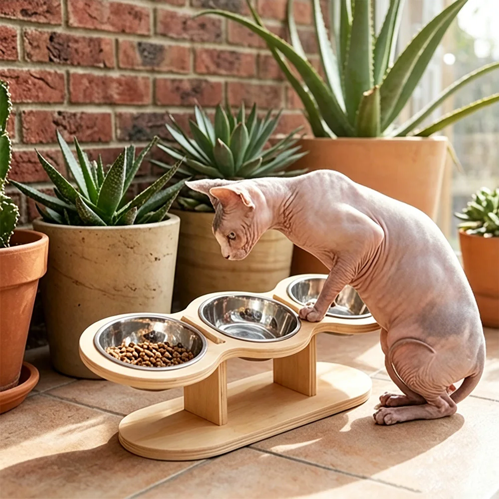 Comedero elevado de madera para gatos y perros pequeños inox