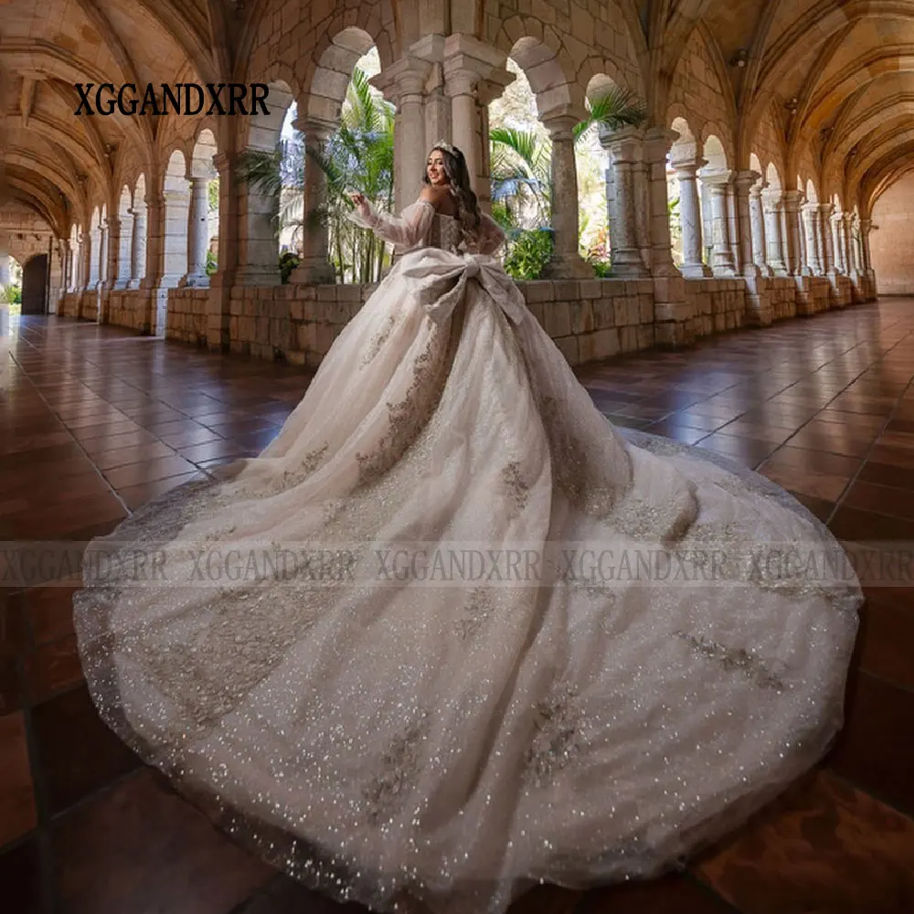 Vestidos De Quinceañera De encaje con apliques florales champán, vestido De baile sin hombros, Vestidos De cumpleaños con lazo De 15 Años, dulce 15 16, 2024