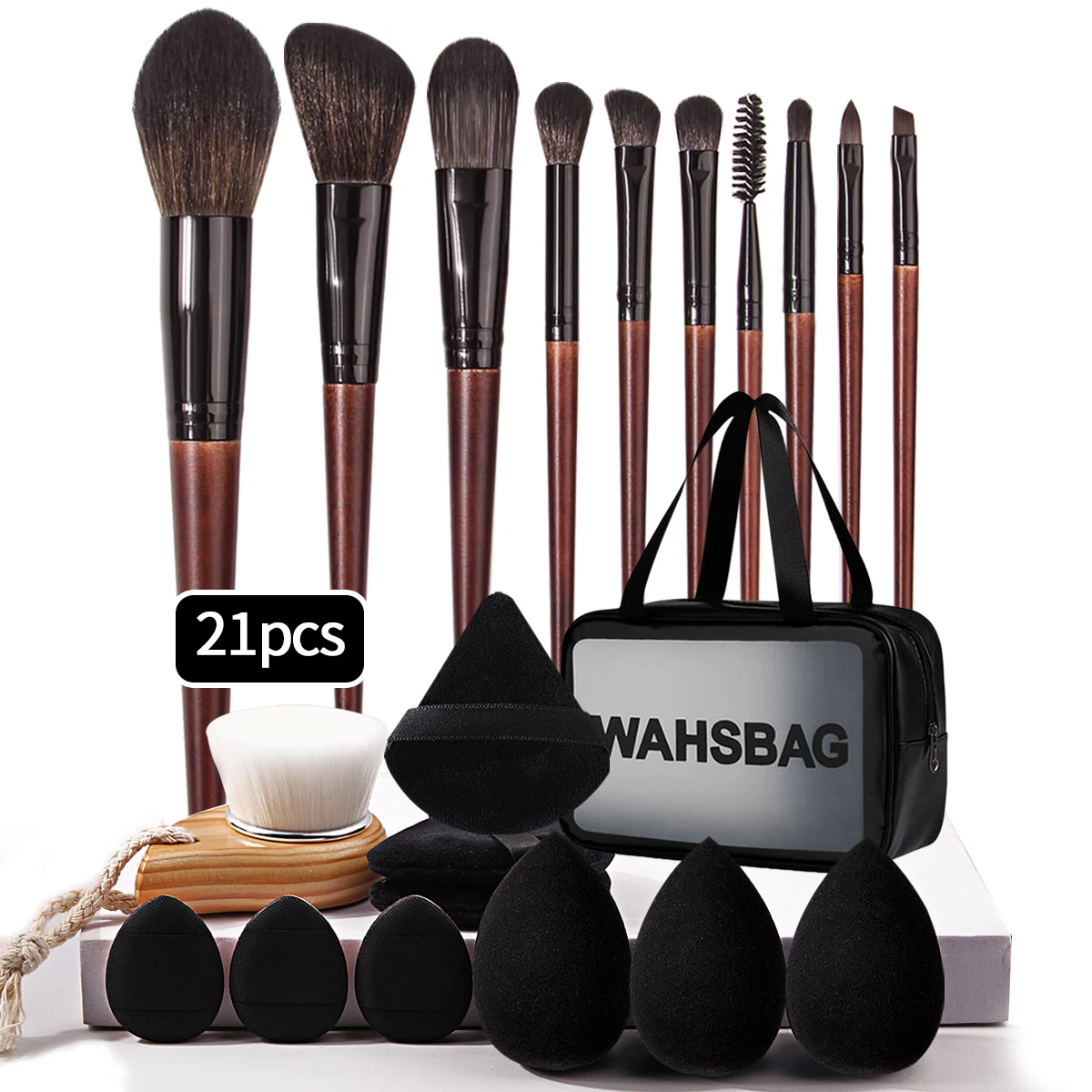 Juego de brochas de maquillaje de 21 piezas, miniesponja triangular para polvo de pulgar, huevo de maquillaje, brocha facial, bolsa de almacenamiento de brochas de maquillaje