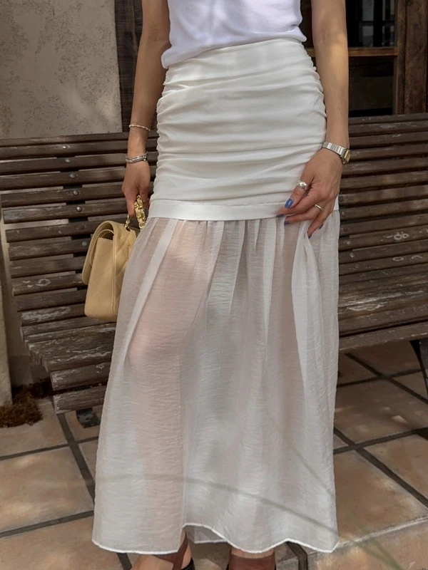 

Korean Sle Fairy Skirt Women's Summer Long Slimming Pleated Me Sexy See-tough A-line Skirt High Waist Daily Wear