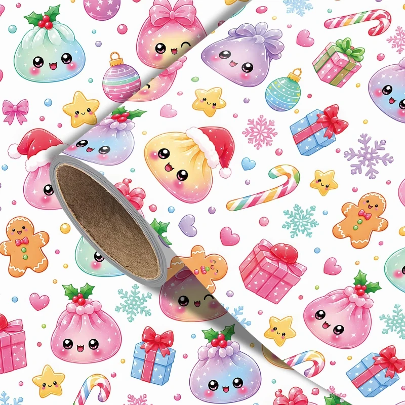 43cm*3M of Christmas Wrapping Paper Xmas buns Dumplings,Gift Box,Snowflakes,candy Designs for Holiday Gift Wrapping Paper Decora