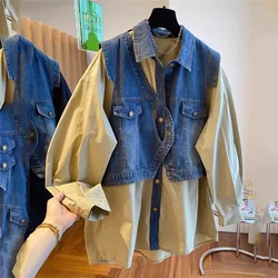 Spring Autumn Fake Two Pieces Denim Shirt 2024 New Fashion Loose Leisure Large Size 4XL Cardigan Tops Vintage Overcoat Female