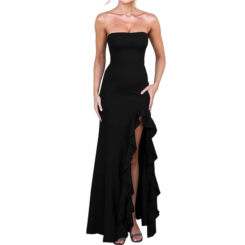 ABRT-여성용 Strapless Backless High Split Long Dress Ruched Off 숄더 민소매 Bodycon 파티 드레스