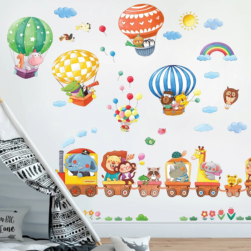 Watercolor Animal Train Air Balloons Wall Sticker Baby Nursery Kids Room Rainbow Bird Cloud Flora Wall Decal Bedroom Home Decor