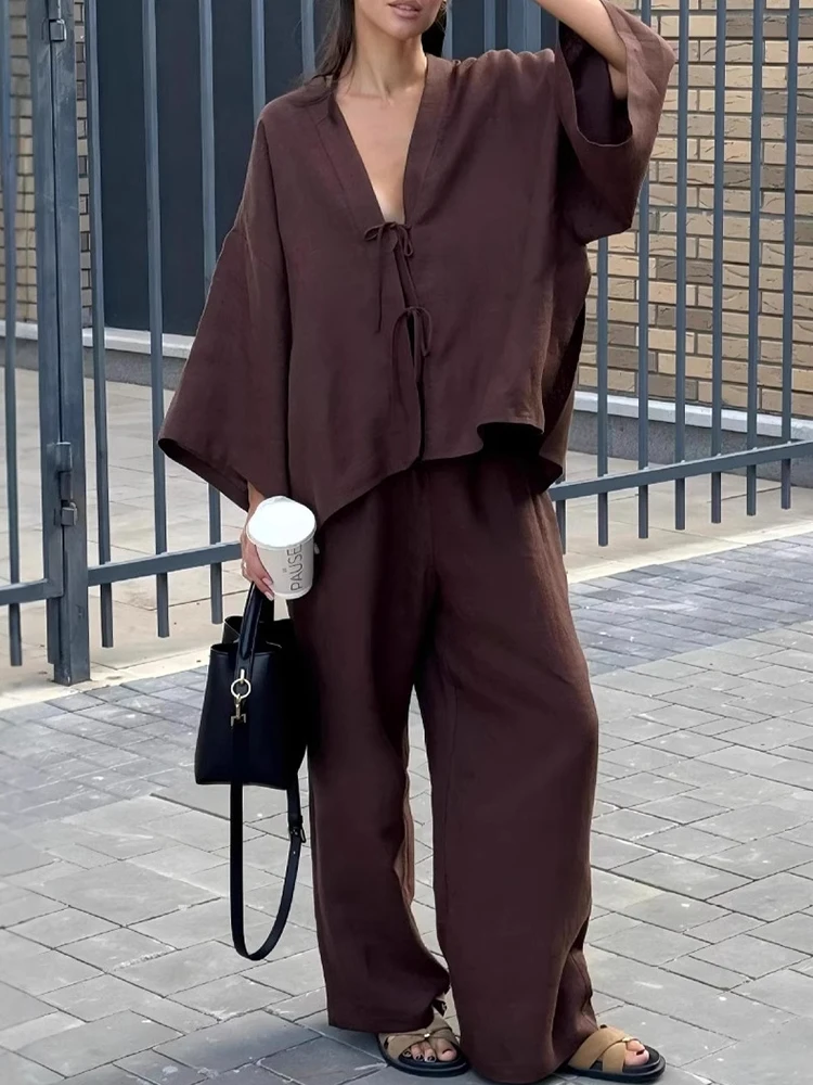 

Mueyaruho 2025 женский летний осенний комплект брюк для отдыха, костюмы большого размера, хлопковая однотонная одежда с v-образным вырезом, комплект из 2 предметов для женщин