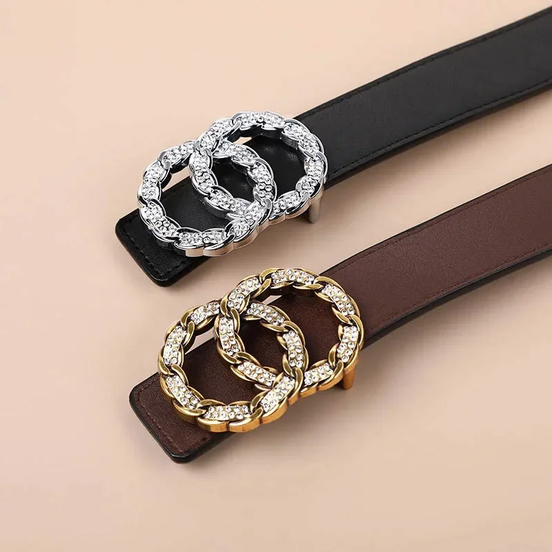 Small Genuine Leather Belt Women's Double Loop Buckle Belt Diamond Inlay Double-sided Usable Cowhide High-quality Versatile Belt