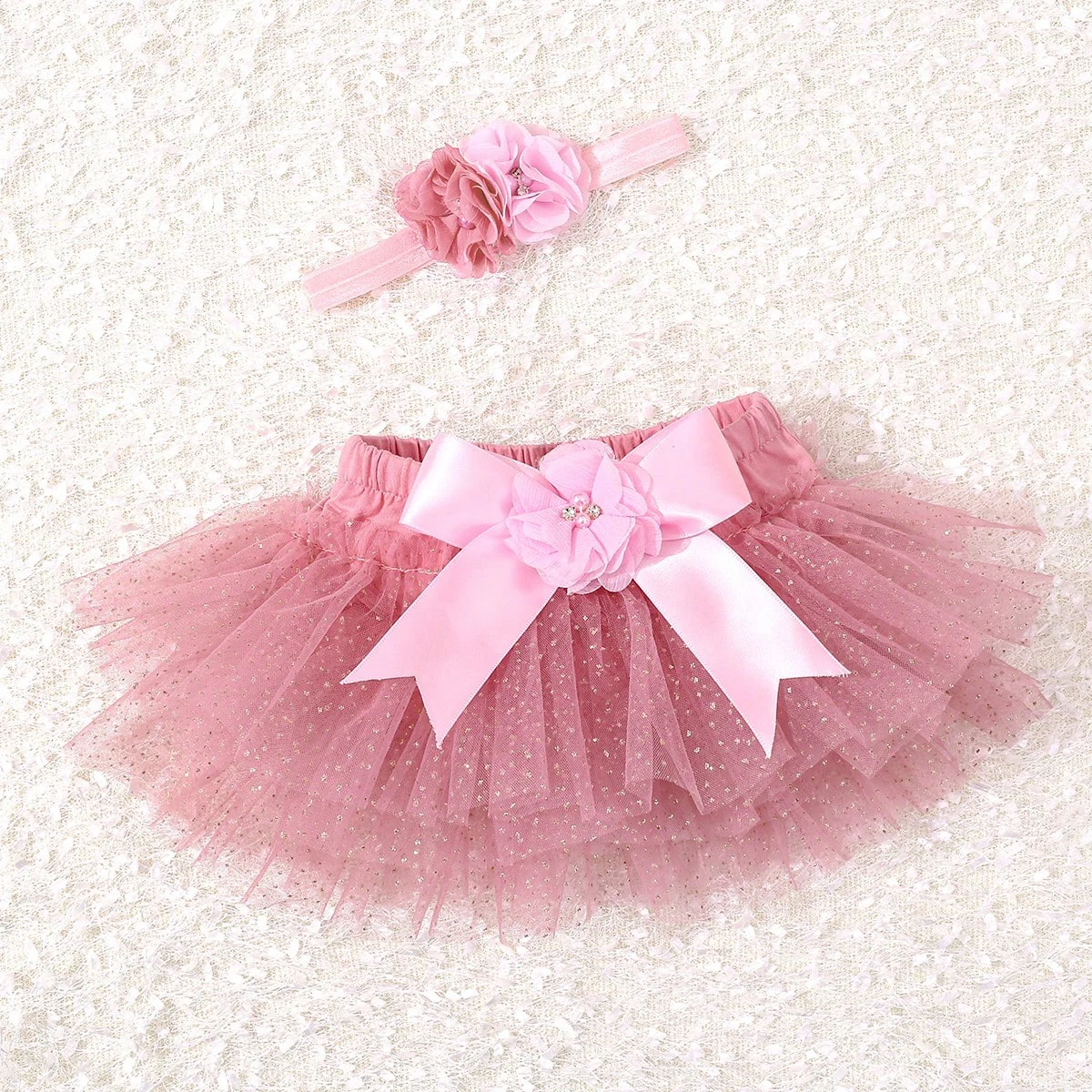 2pcs Newborn Princess Photo Dress Set Tulle Layered Skirt with Glitter Satin Bow Floral Headband Baby Girl Photography Outfit