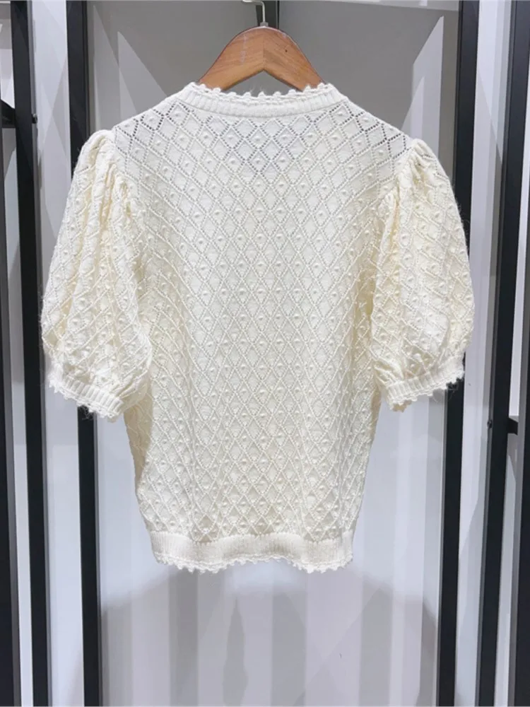 Hollow Out Knitted Sweater Women Puff Sleeve Single Breasted Sweet Summer 2024 New O-neck Female Cardigans Elegant Chic Knitwear