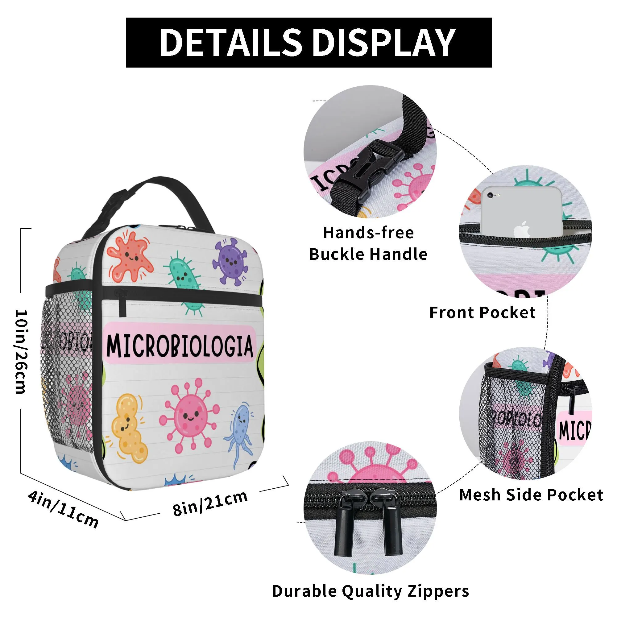 One Piece of a Colorful Microbial Illustration Design Printed Thermal Bag, Which Is an Insulated Bag Not Meant for Food Contact.