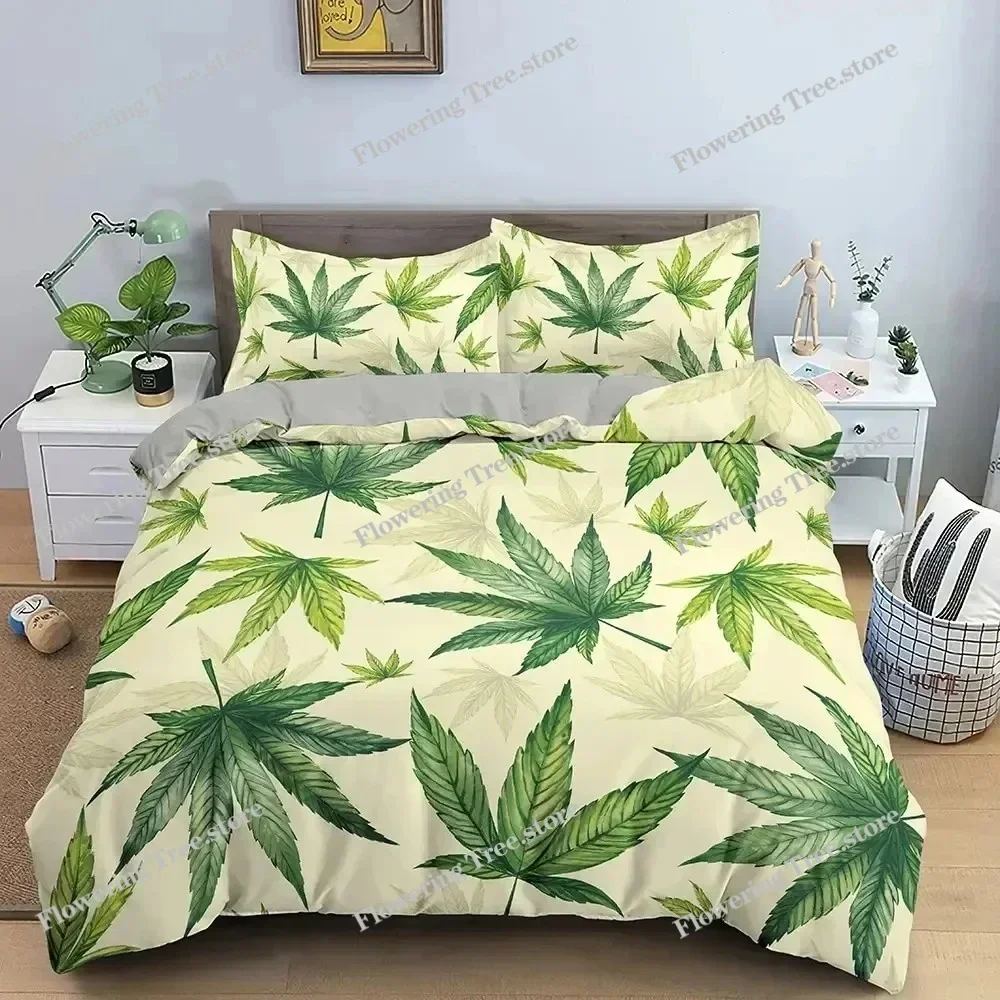 

Marijuana Weed Leaf King Queen Duvet Cover Green Maple Leaves Bedding Set for Adults Palm Leaves Polyester Quilt Cover029963