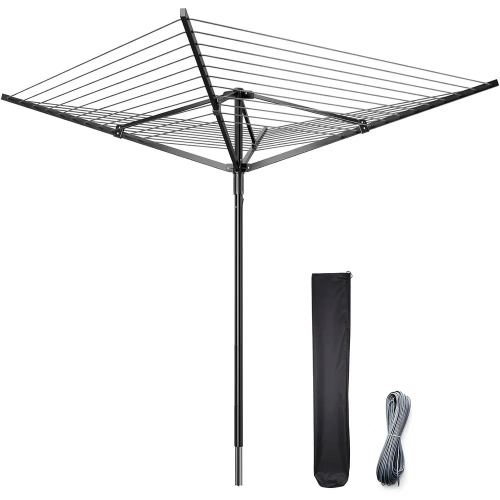 Adjustable 4-Arm Outdoor Clothes Drying Rack with Rotating Feature, Height Adjustable, Ground Spike, and Waterproof Cover for Pa