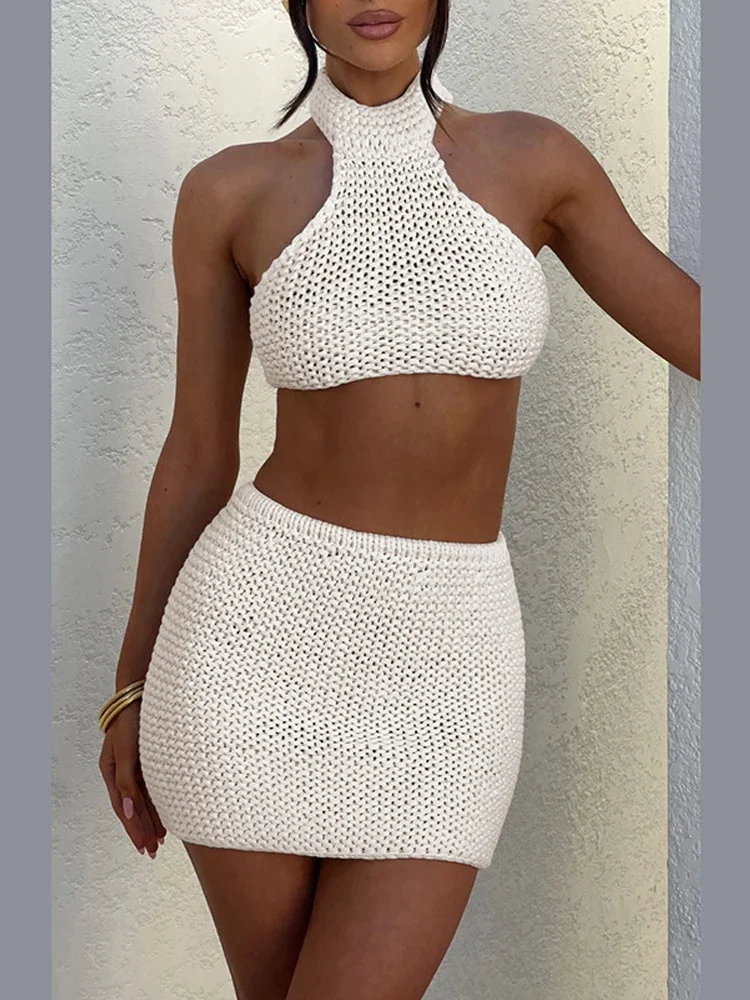 Summer Knit Y2K Streetwear Beach Dress Suits Women Backless Halter Crop Top Tanks Mini Bodycon Skirt Two Piece Matching Sets New