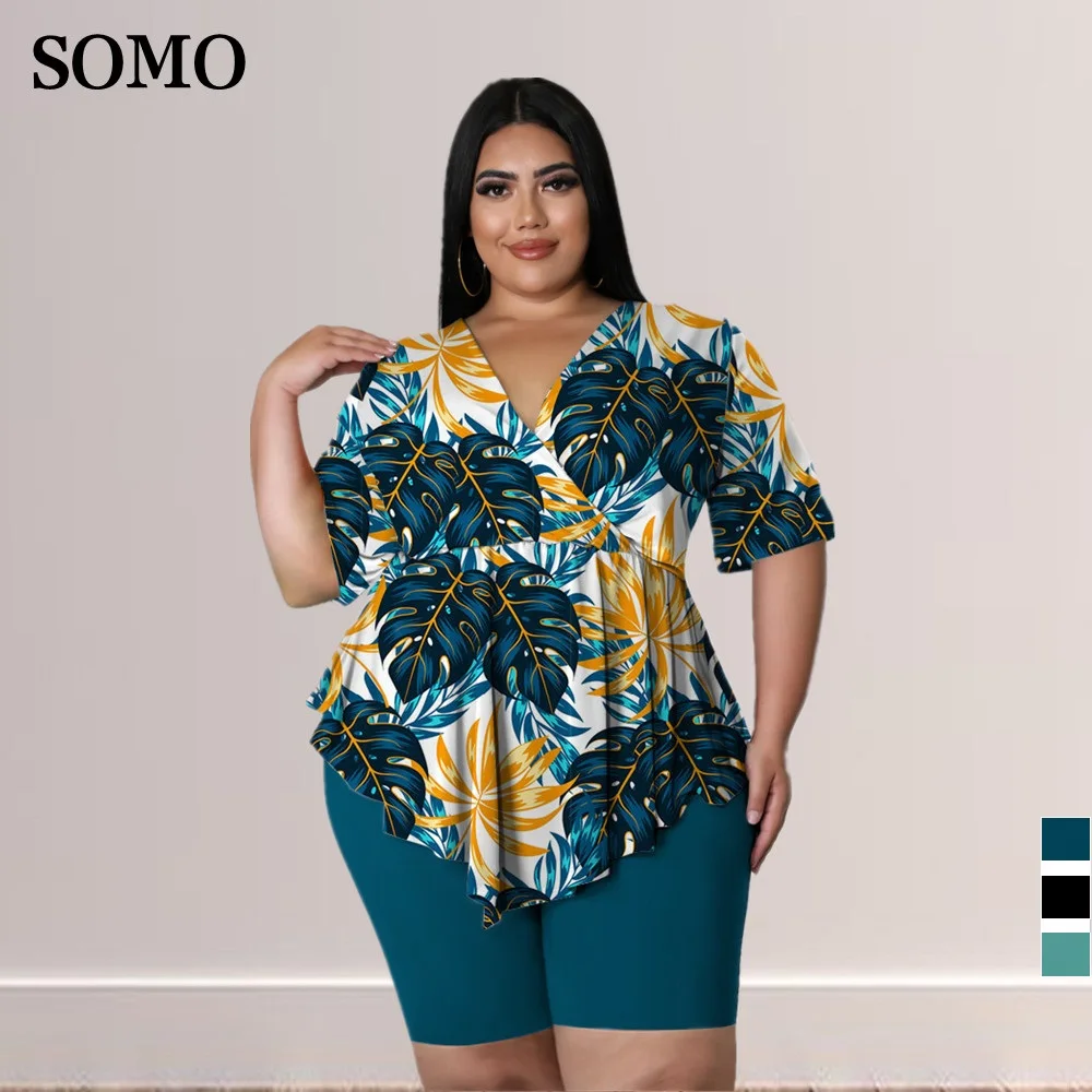 bohemia printed sexy outfits plus size women clothing v neck top short pant suits summer two piece set Wholesale Dropshipping