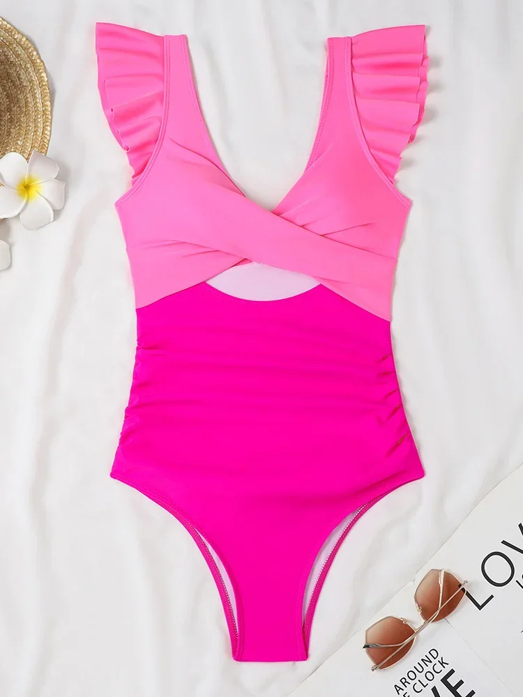 UETEEY 2025 New Summer Swimwear One Piece Swimsuit Sexy Contrast Color Ruffles One Piece Swimsuit Women Beach Vacation Bikinis
