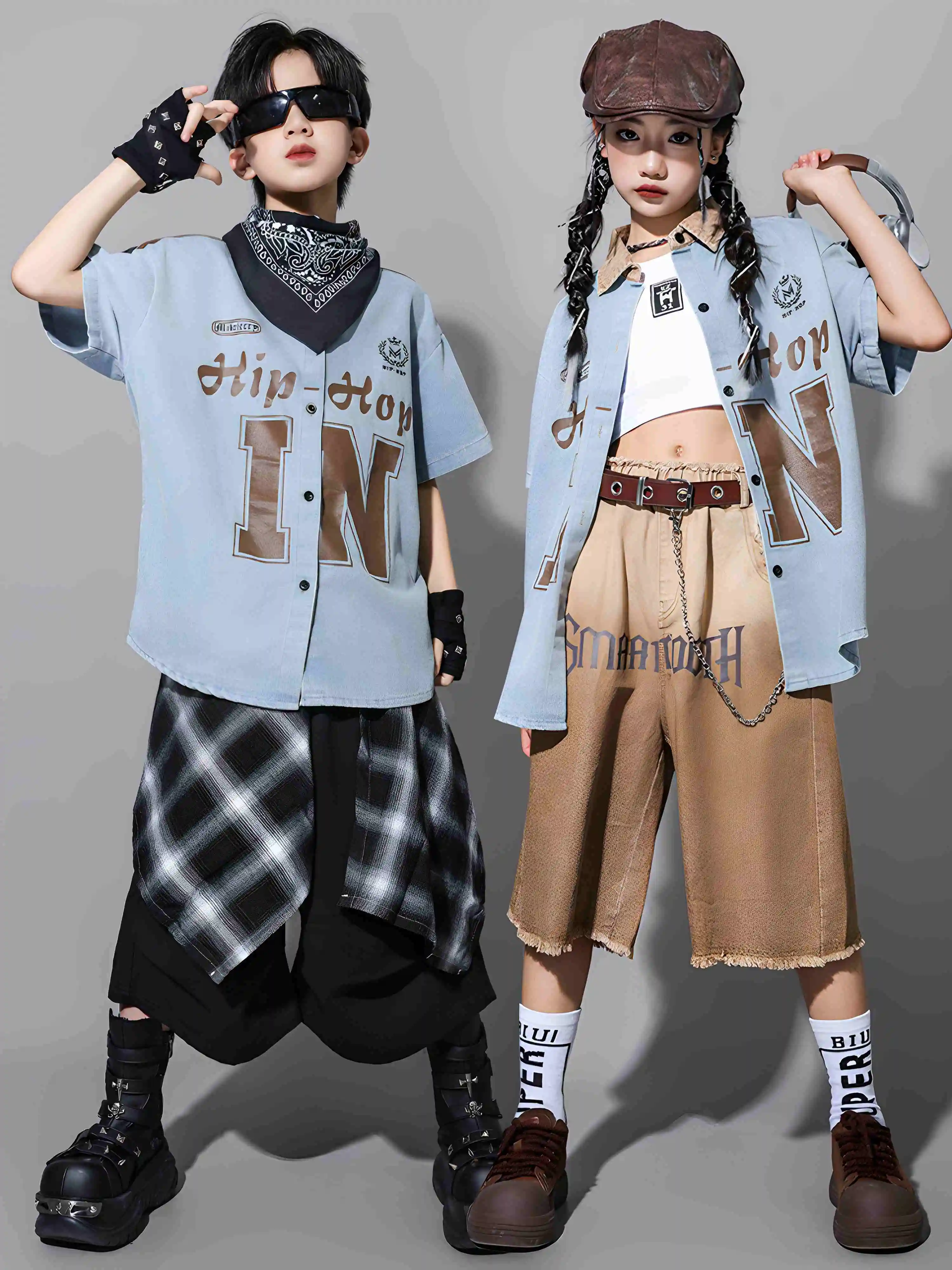 Girls Hip Hop Dance Costume Boys Denim Shirt Short Sleeves Kids Fashion Street Clothing Modern Jazz Dance Outfit Kpop BL16432