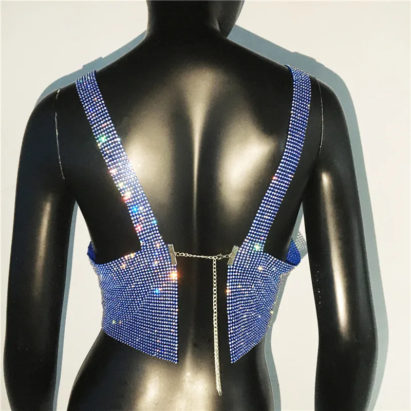 Sparkly Diamond Sexy V Neck Women Crop Tops Backless Spaghetti Strap Festival Party Tank Top Nightclub Rave Rhinestone Camis