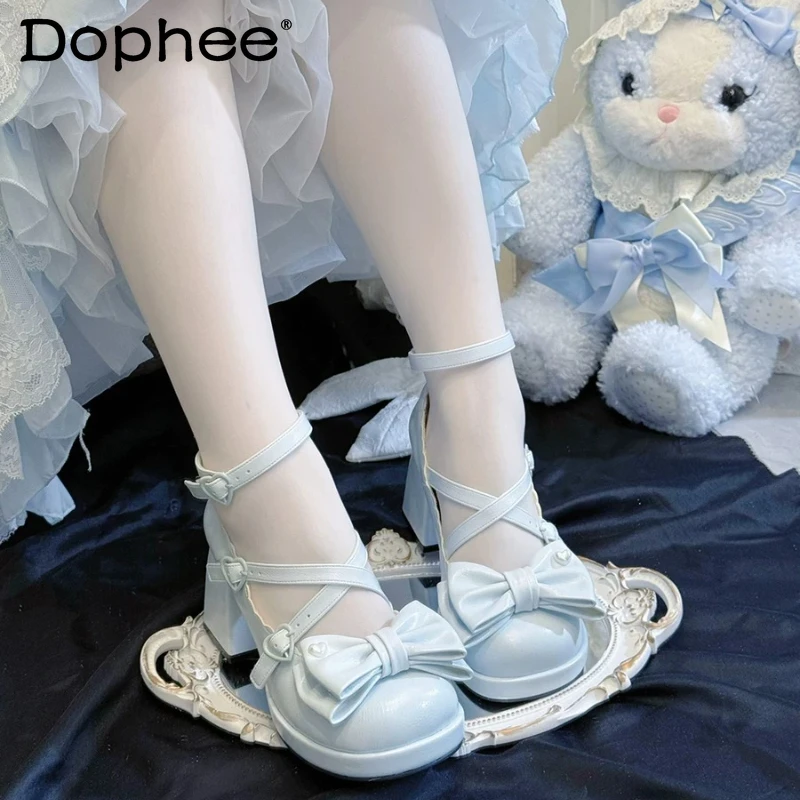 

Original Sweet Girls Blue Mary Jane Shoes Summer Kawaii Lo Princess Shoes Women's Sweet Elegant Bow Waterproof High Heels Pumps