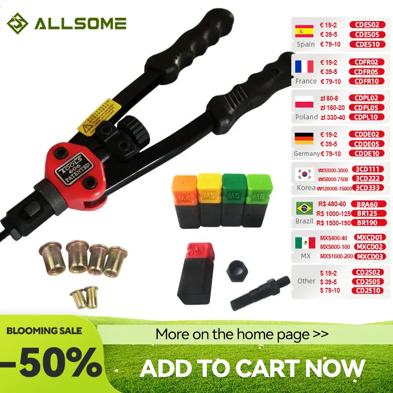 ALLSOME BT-606 Đinh Tán Hạt Dụng Cụ Tay Mù Riveter Tay Riveter Đinh Tán Súng Với 5 Hệ Mét Mandrels 50 Con Rivnuts
