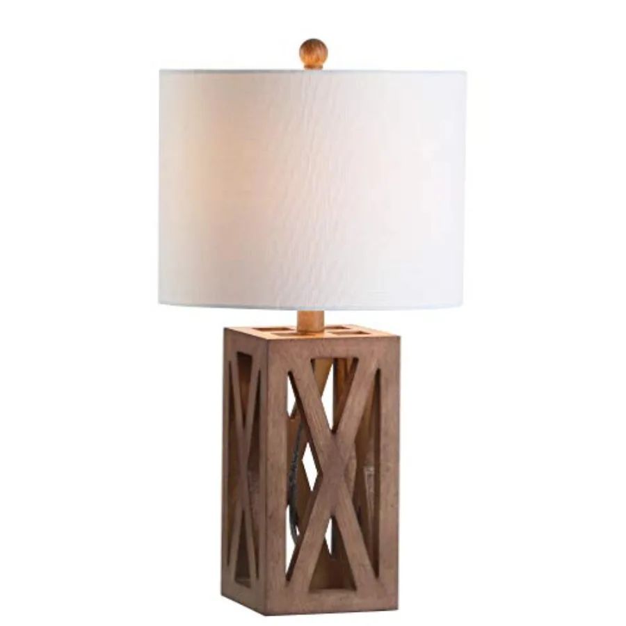

21.5" Farmhouse Wood Table Lamp for Bedside and Living Room, Linen Drum Shade, Rustic Modern Desk Lamp for Bedroom, LED Bulb In