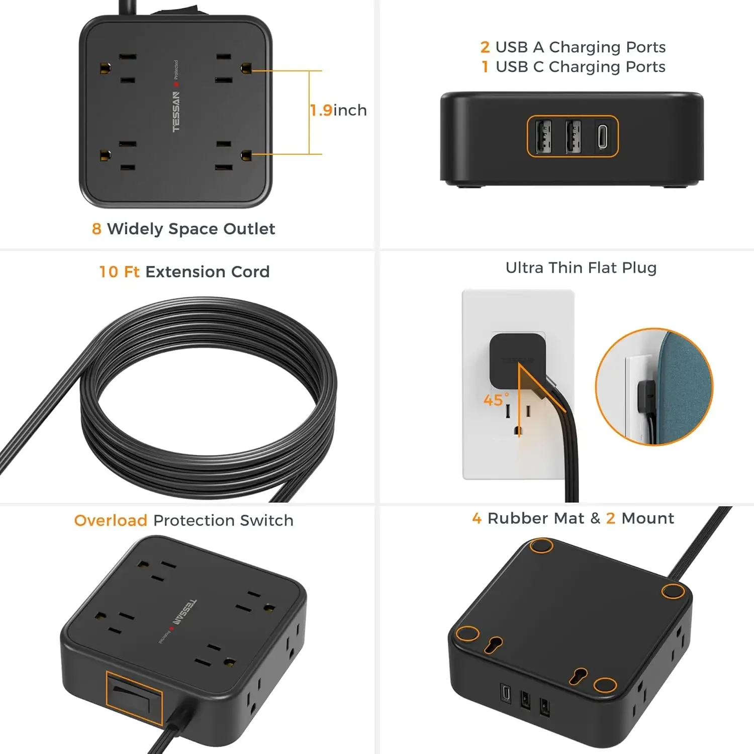 TESSAN Ultra Thin Flat Plug Power Strip Surge Protector with 8 Outlets 3 USB (1 Type-C) 900J Surge Protection Charging Station