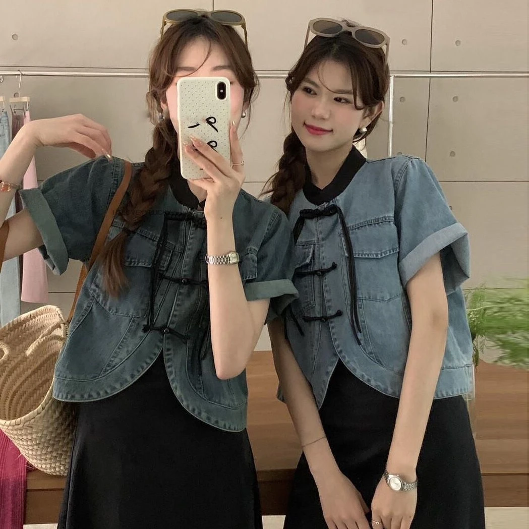 2024  Women's Spring And Summer New National Style Coat Shirt Retro Disk Button Short Sleeve Denim Thin Jacket For Women