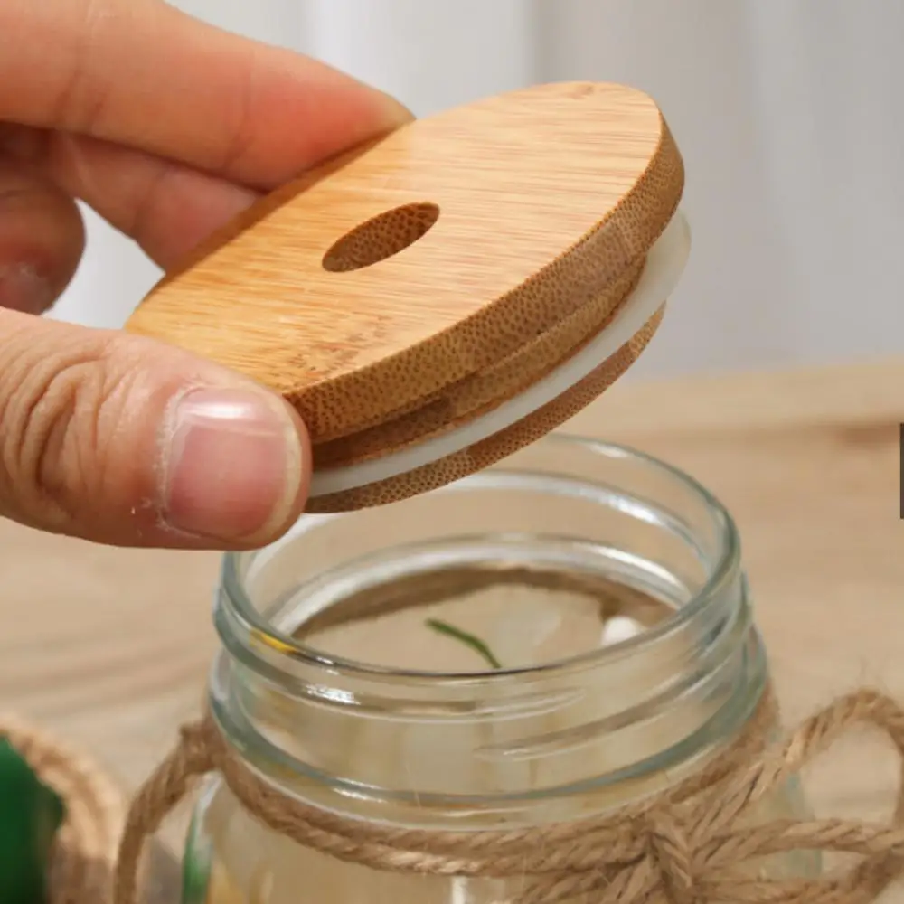 1/2/4PCS 62/68/70/86mm Reusable Bamboo Wood Lids for Mason Jar Lid with Straw Hole Silicone Seal Ring Wide Mouth Cup Seal Covers image 2