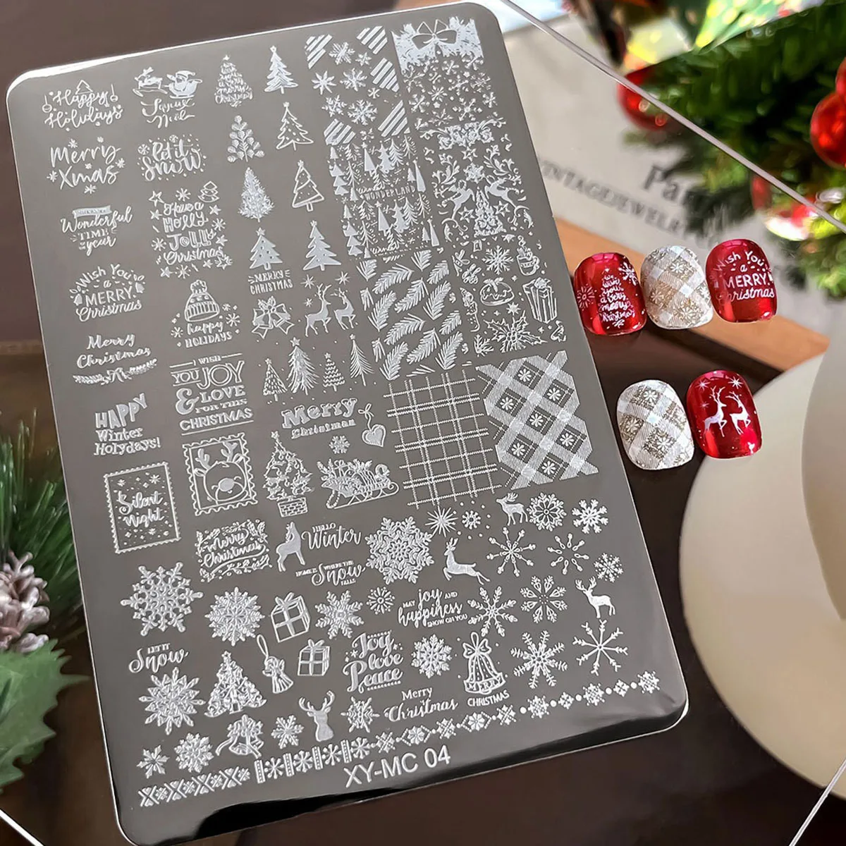 Gotische Buchstaben Nagelkunst Transferdruck Stahlplatte Nagelkunst Silikonstempel Weihnachtsserie Maniküre-Werkzeug Vorlagen – Detail 4